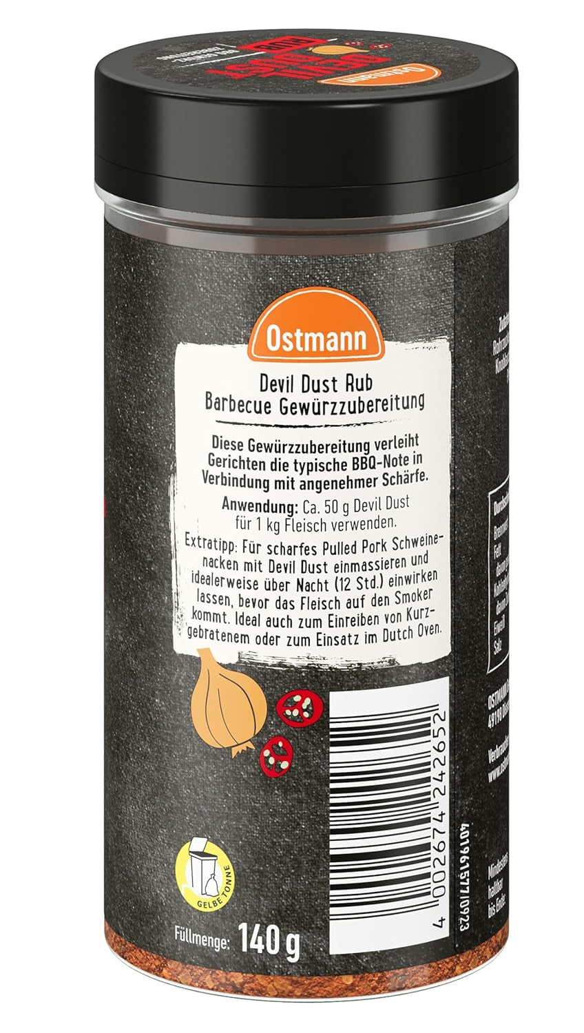 Ostmann Gewürze - Devil Dust | BBQ Rub Gewürzzubereitung | Scharfe Trockenmarinade für Grillfleisch | 140 g i Streuer