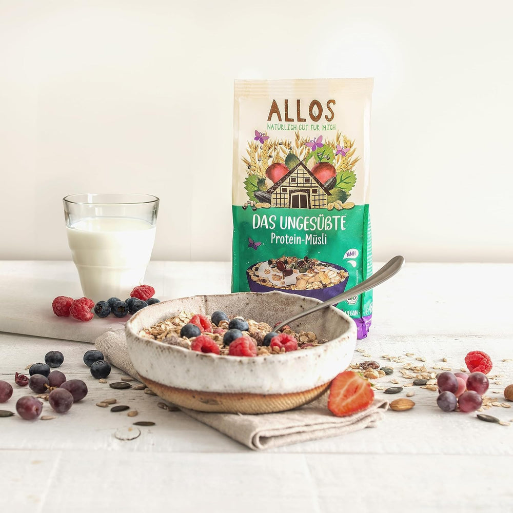 Allos usødet protein müsli | Økologisk müsli | Havregryn | Korn til morgenmad | Vegansk (5 x 450 g), 1 stk (pakke med 5)