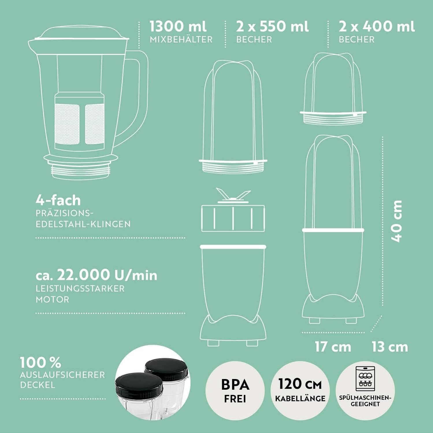 Gourmetmaxx Mr Magic Blender, Smoothie Maker med Xxl Naty Shop tilbehørspakke