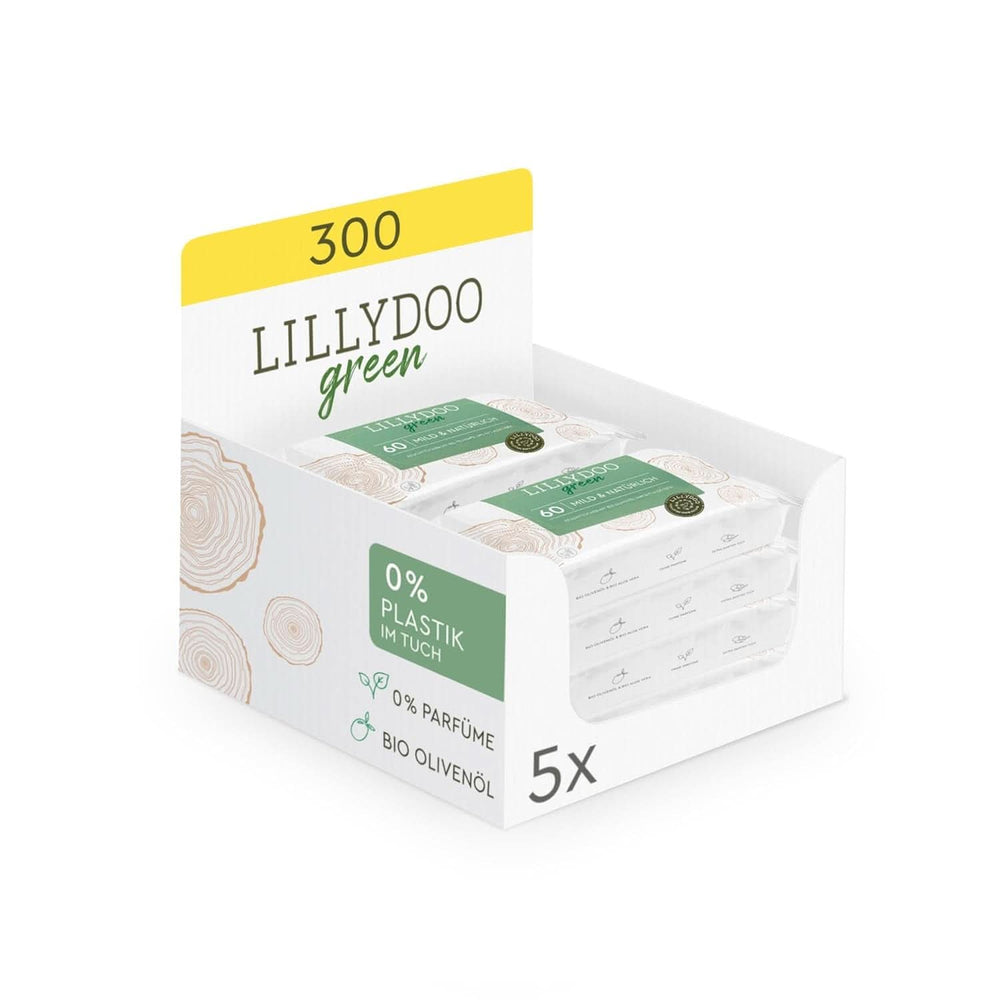 LILLYDOO grønne naturlige vådservietter, 100 % plastikfri, parfumefri (FSC Mix) Baby vådservietter Naty Shop 5 x 60 servietter