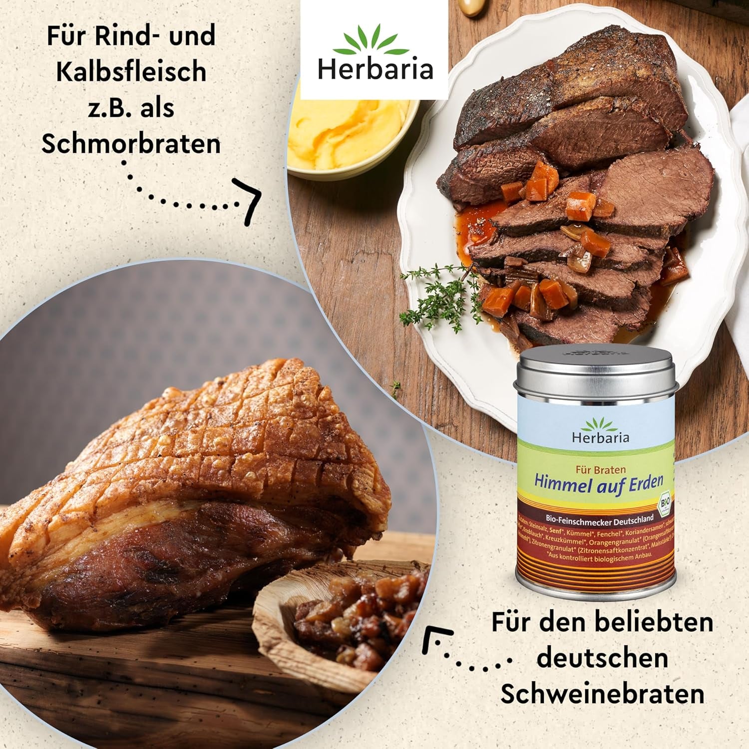 Herbaria Himmel auf Erden bio 100g M-Dose – fertiges Bio-Gewürzsalz für Rind-, Kalb- og Schweinefleisch als Braten eller Kurzgebratenes – i nachhaltiger Aromaschutz-Dose