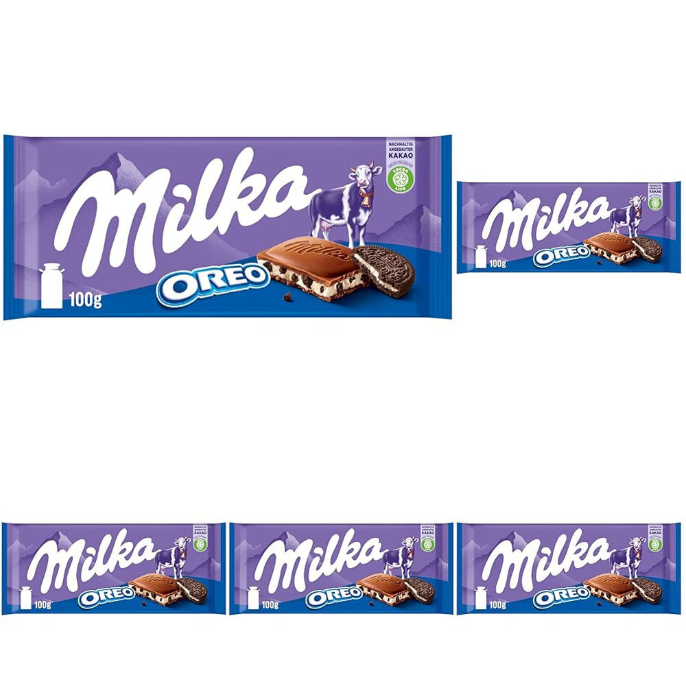 Milka Oreo – Alpine mælkechokolade fyldt med sprøde stykker af Oreo kiks og glat vaniljecreme – 100g