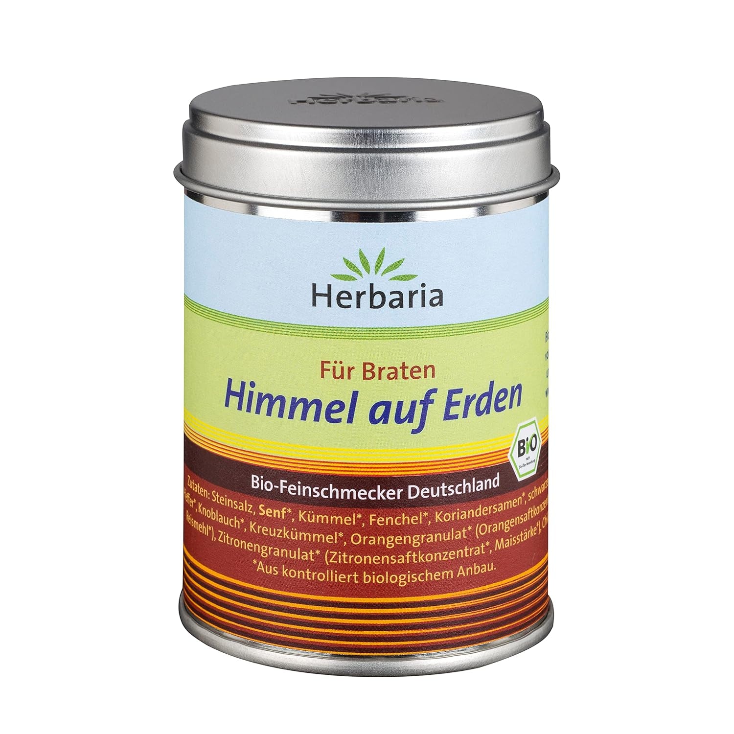Herbaria Himmel auf Erden bio 100g M-Dose – fertiges Bio-Gewürzsalz für Rind-, Kalb- og Schweinefleisch als Braten eller Kurzgebratenes – i nachhaltiger Aromaschutz-Dose