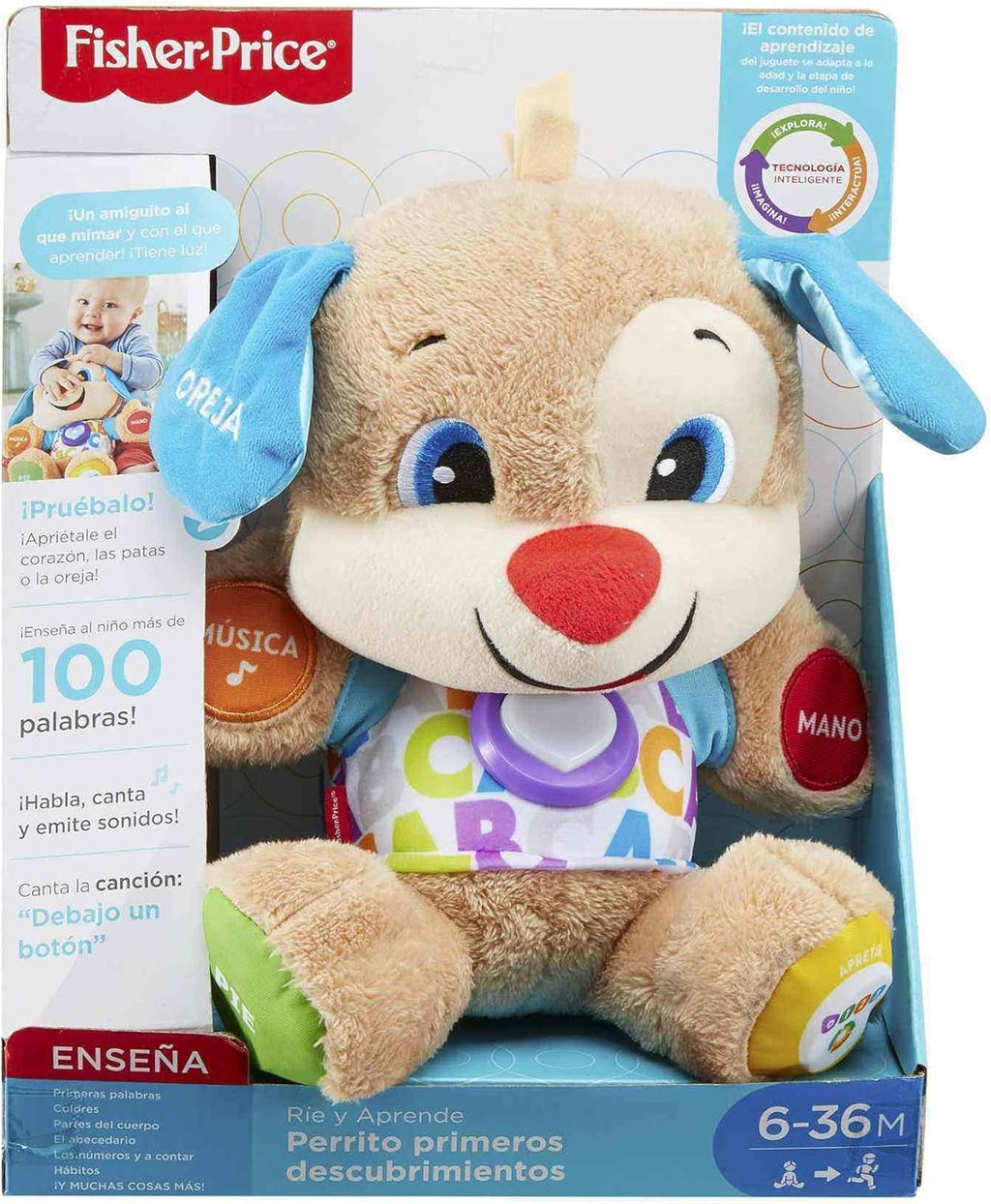 Câine distractiv de învățare Fisher-Price cu trei niveluri | jucărie de pluș vorbitoare cu muzică ca jucărie pentru copii și jucărie pentru bebeluși | ursuleț de pluș interactiv, versiune: UK-English , FPM43 Jucarii Bebe Naty Shop spaniolă