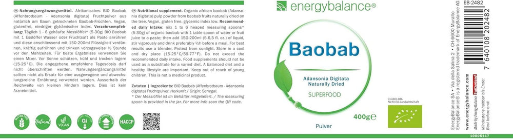 Baobab økologisk pulver - C-vitamin, calcium, magnesium, kalium, 400 gram Aromas Naty Shop