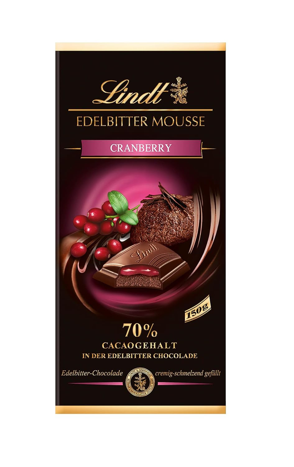 Lindt mørk chokolademousse med chili og kirsebær | Bar 150g | Med 70% kakaoindhold og mørk chokolademoussefyld og kirsebær chili | Chokoladebar | Mørk chokolade