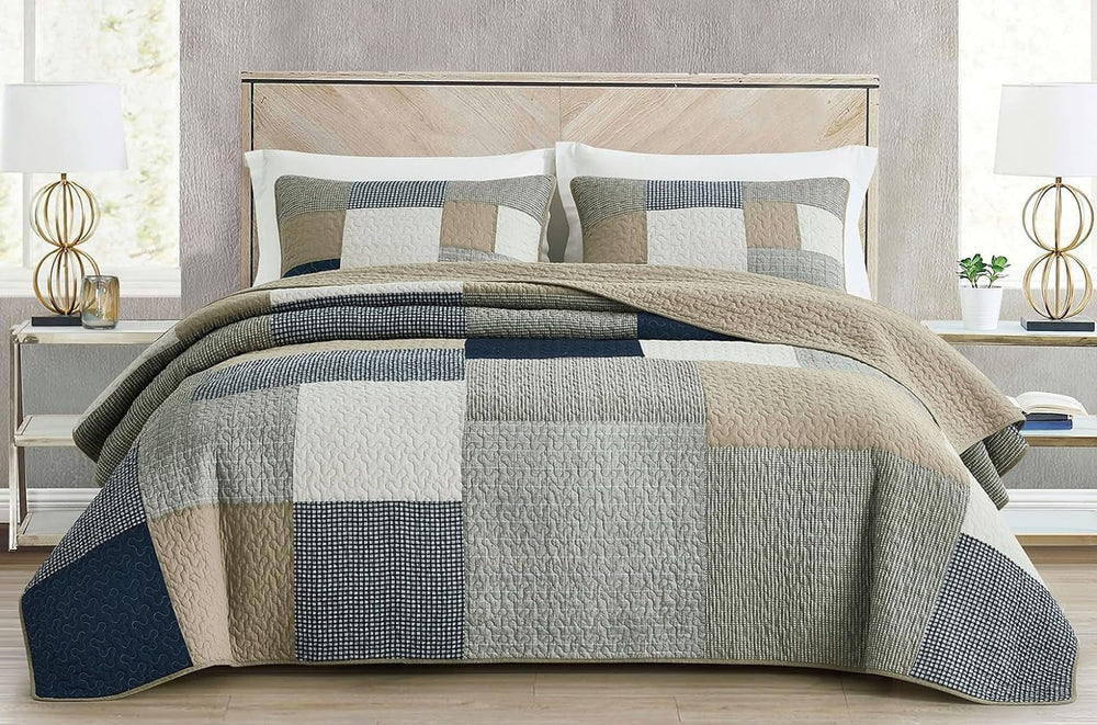 Chezmoi Collection Addy Patchwork Quilt Sæt Forvasket bomuld Letvægts Vendbar All Seasons Oversized 3 dele Navy White Grå Taupe Plaid Quilts & Quilts Naty Shop