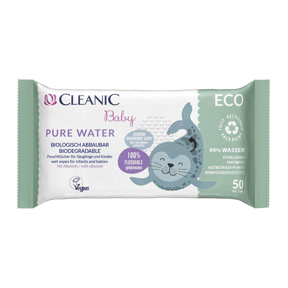 Cleanic Baby Eco Pure Water Wet Wipes – (1 x 50 stk.) Vådservietter til børn og spædbørn – parfumefri, skyllebar, følsom hud – 50 stk.