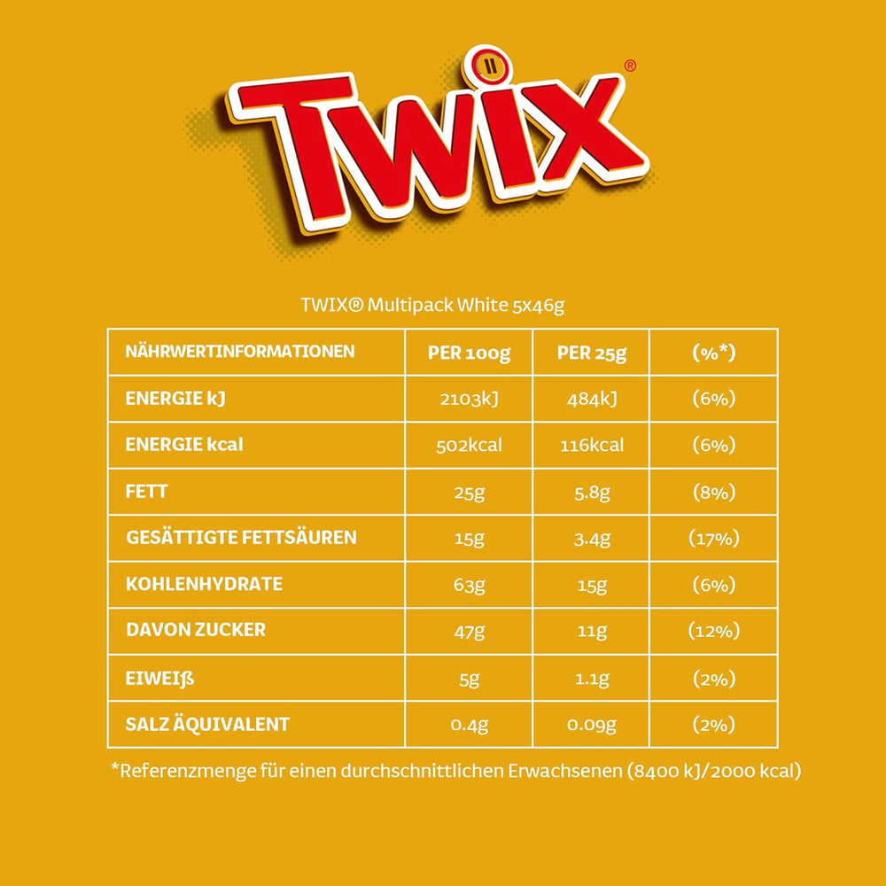 Twix hvide chokoladebarer; karamel, kiks, hvid chokolade; flere pakker chokolade; 5 barer (5 x 46 g)