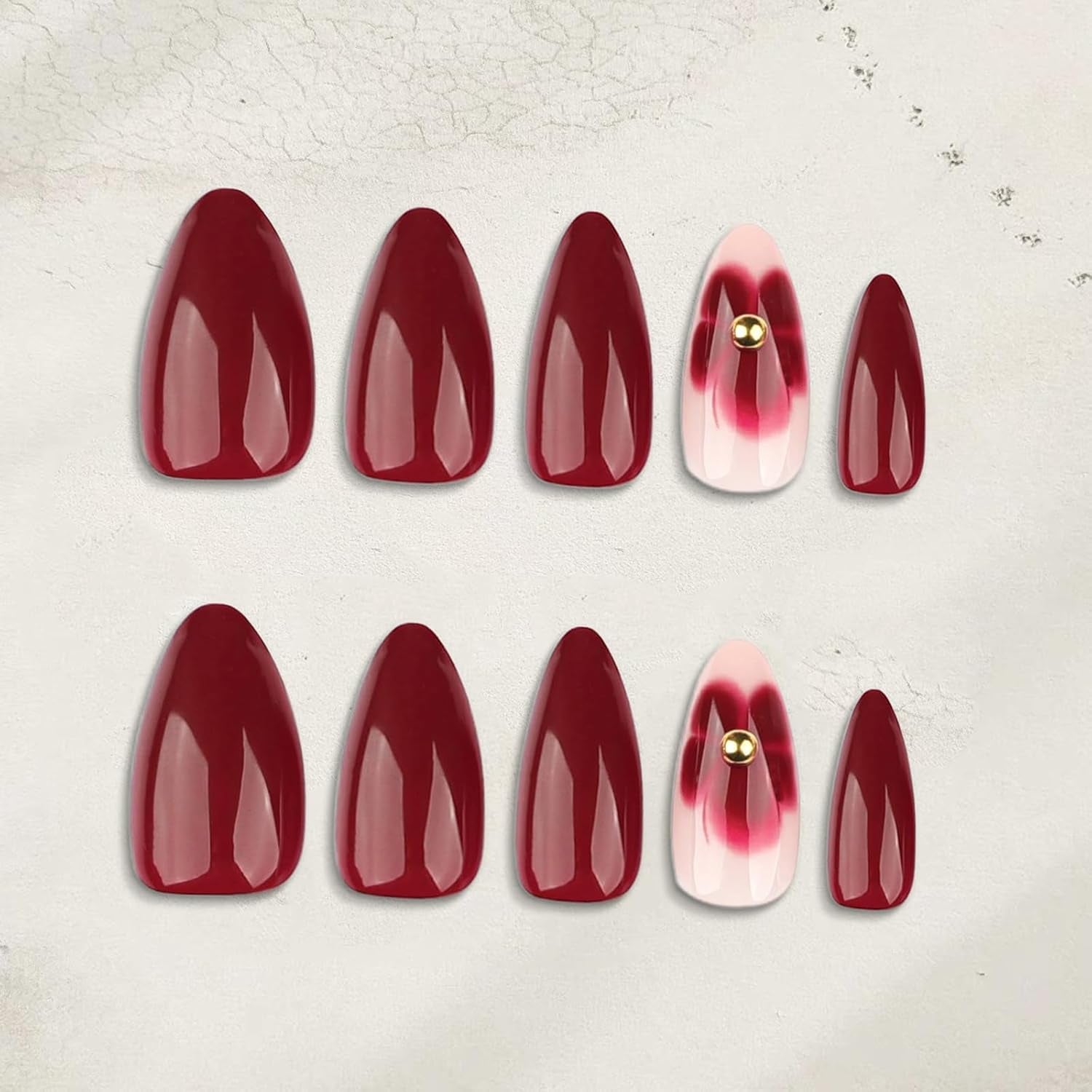 24 Flori Burgundy cu Armură de Diamant, Unghii Presabile, Unghii Artificiale pentru Lipire, Set Vârfuri de Unghii