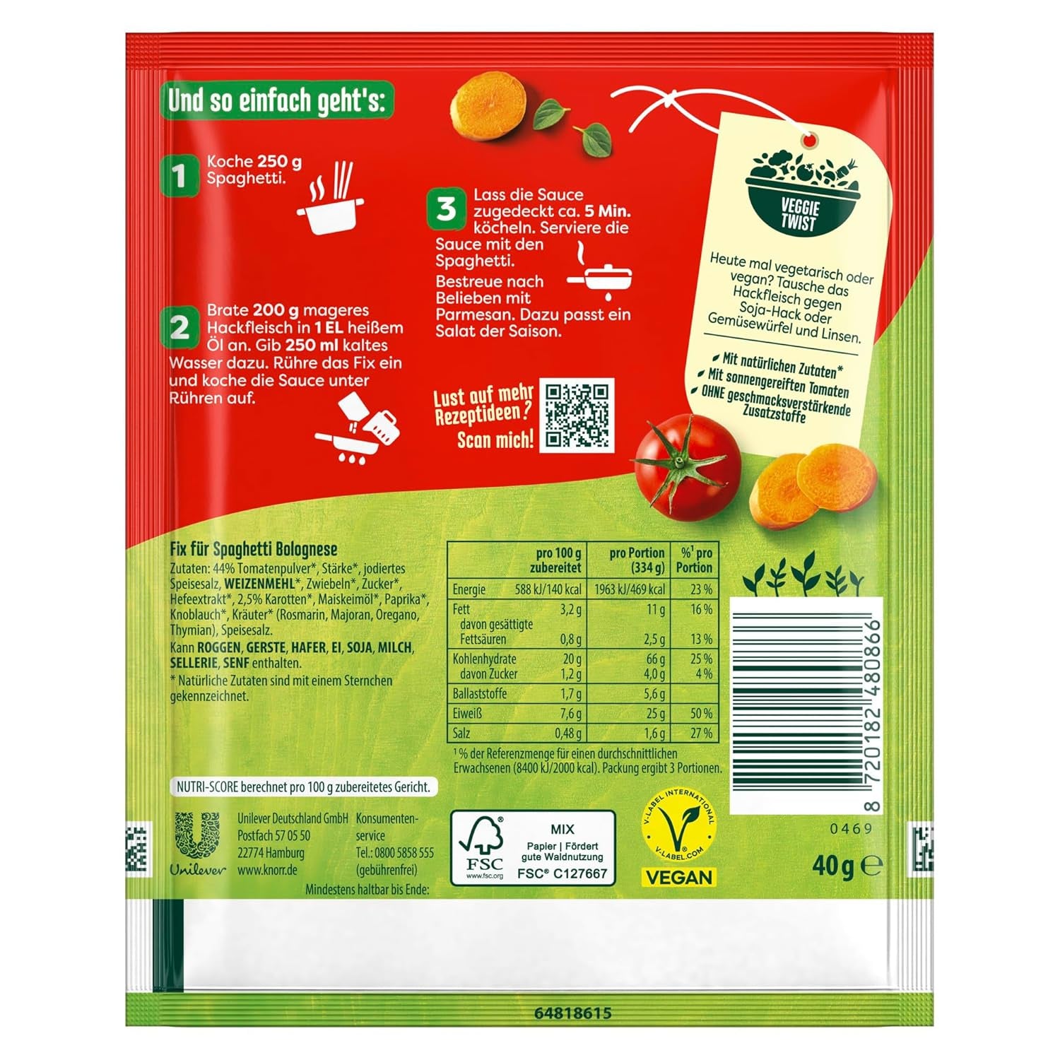 Knorr Fix Würzmischung Spaghetti Bolognese til en lækker nudelret med naturlige ingredienser 40 g