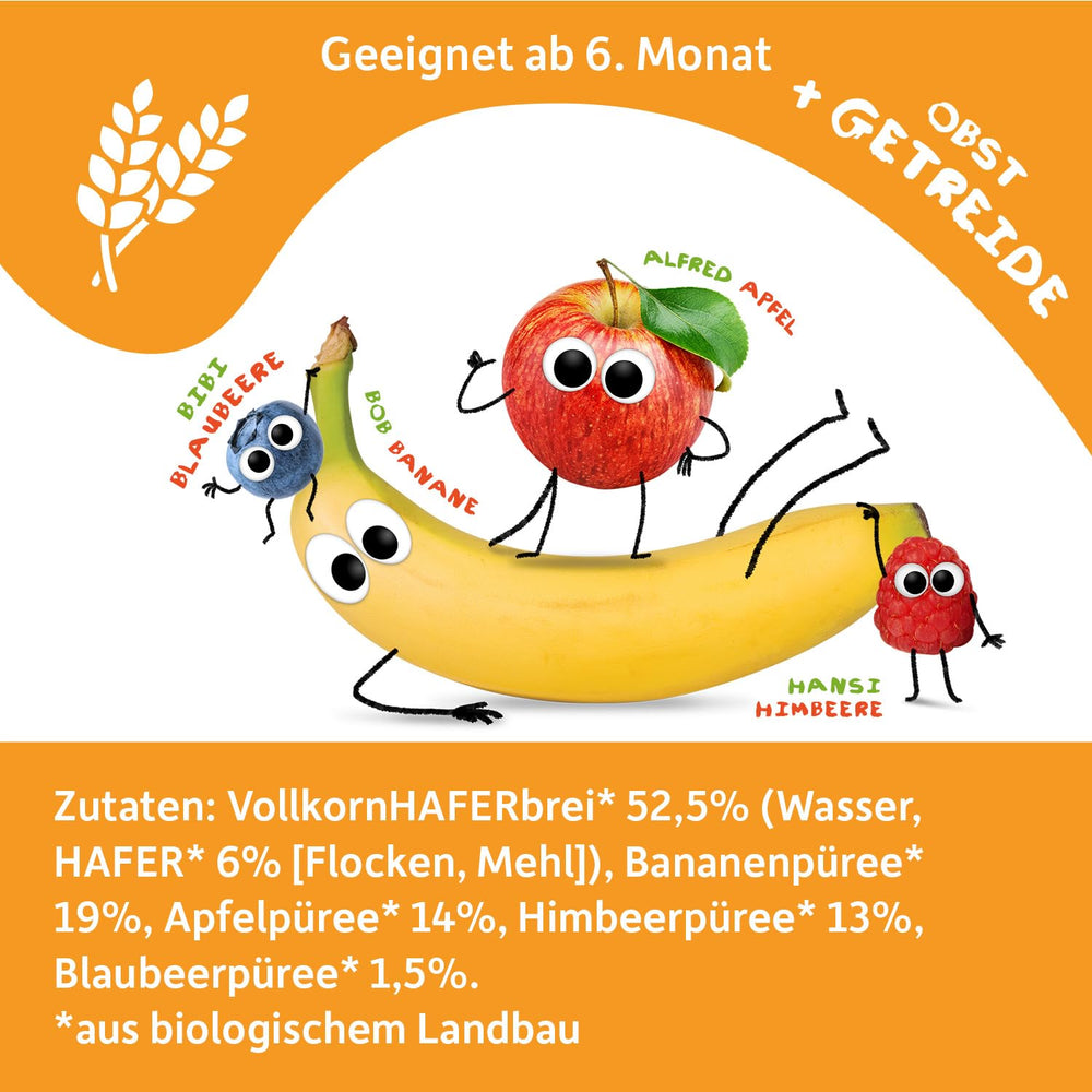 FRECHE FREUNDE Økologisk frugtpose Banan, æble, hindbær, blåbær med havre, frugtpuré med korn i en pose, der kan presses til babyer fra 6 måneder, vegansk, pakke med 6 (6 x 100 g)