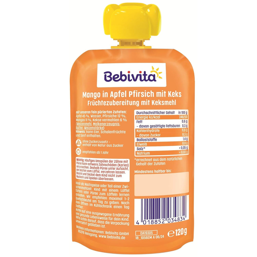 Mango i æble- og ferskensovs med en pose kiks (6 x 120 g), uden tilsat sukker, lavet af milde frugter og værdifulde kornprodukter, ideel til snacks og på farten.