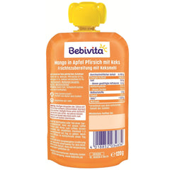 Mango i æble- og ferskensovs med en pose kiks (6 x 120 g), uden tilsat sukker, lavet af milde frugter og værdifulde kornprodukter, ideel til snacks og på farten.