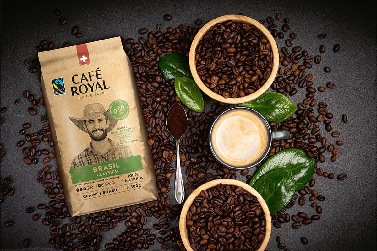 Café Royal Crema Classico Brasil – boabe de cafea 100% Arabica, echilibrate și aromate, prăjire medie, tărie 3/5, Fairtrade, 500g boabe întregi (pachet de 2)