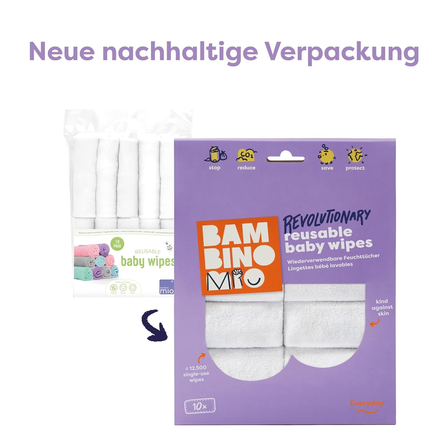 Bambino Mio Genanvendelige Babyservietter - Basic - Miljøvenlige, Kemikaliefri, Dobbeltsidet, Vaskbar, 10 Pack, Cloud - Emballagen kan variere