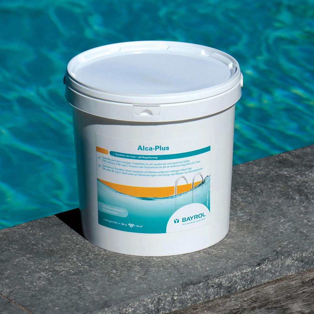 BAYROL e-Alca-Plus - Granulat til at korrigere ustabile pH-niveauer på grund af lav alkalinitet - Spanden inkluderer målebæger og plastikpose med sikkerhedsforsegling - 5 kg
