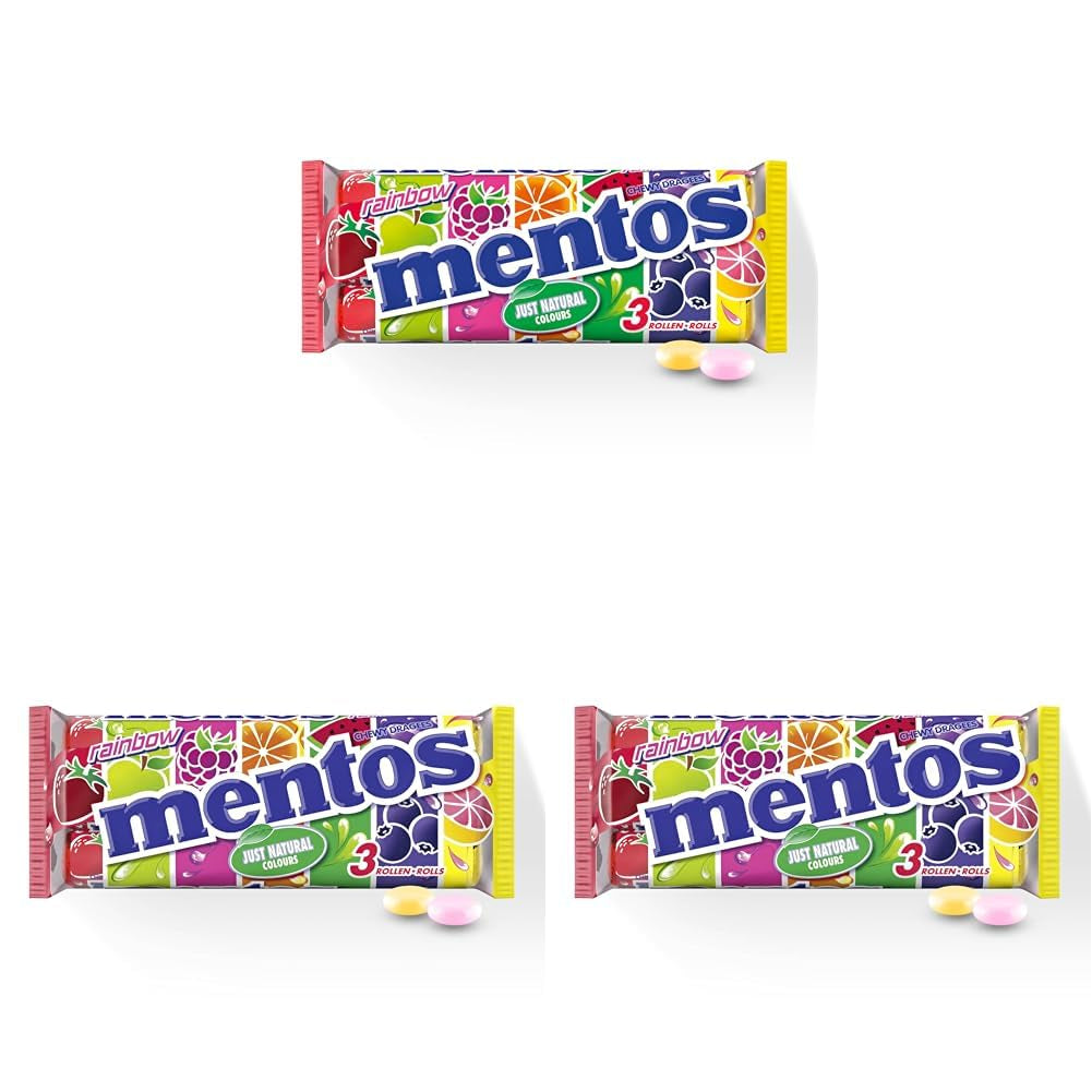 Mentos Frugt Dragees Appelsin Citron Jordbær Søde søde sager med frugtsmag (3 ruller), vegansk (pakke med 3)