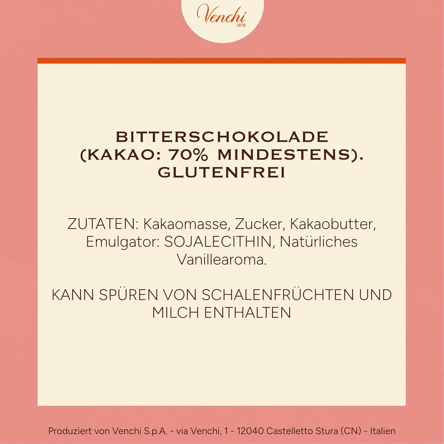 Venchi - Mørk chokolade 70%, 78 g - Med udvalgte kakaoblandinger - Glutenfri - Vegansk