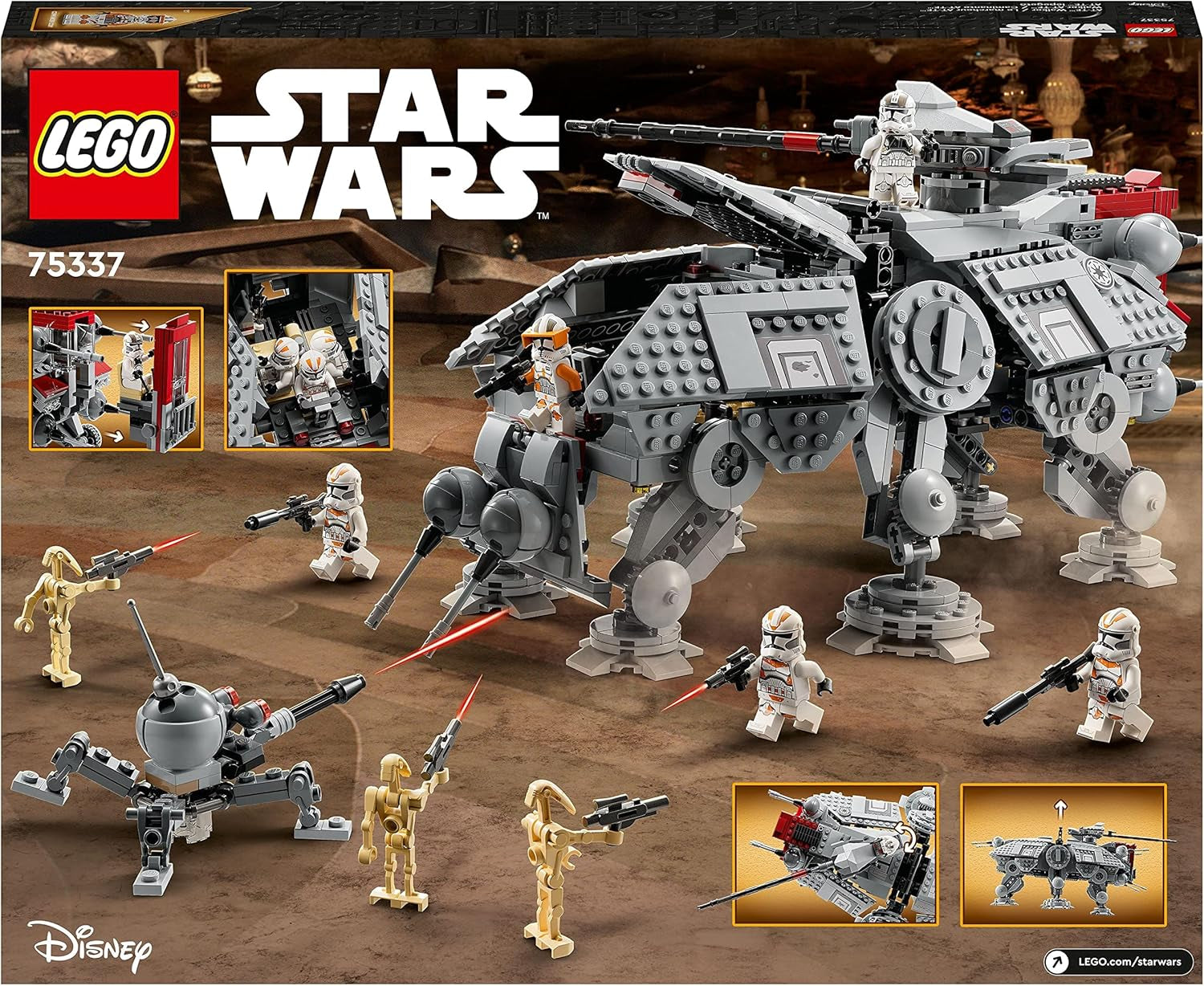 LEGO Star Wars At-Te Walker mobilt legetøjsmodel minifigursæt med 3 klontroopers, kampdroider og dværgedderkop-droid 75337 byggesæt Besuche den LEGO-Store
