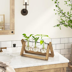 Bamworld Hydroponic Formeringsstation med træstativ - 3 glasvaser til vandplantedyrkning og boligdekoration