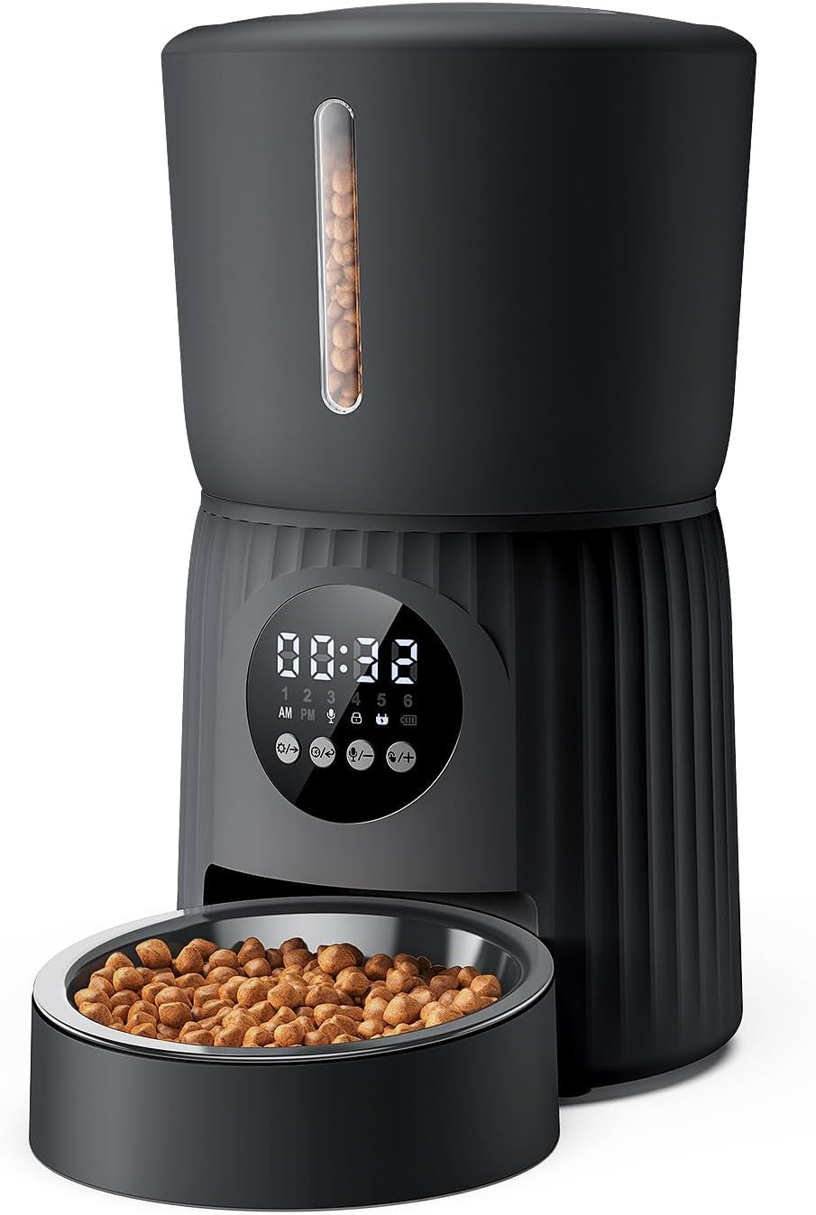 Faroro Futterautomat Katze, 4L Katzenfutter Automat, Futterspender Katze Mit 1–6 Mahlzeiten Per Tag, Portionskontrol, 10s Sprache, Langsames Füttern (Schwarz)