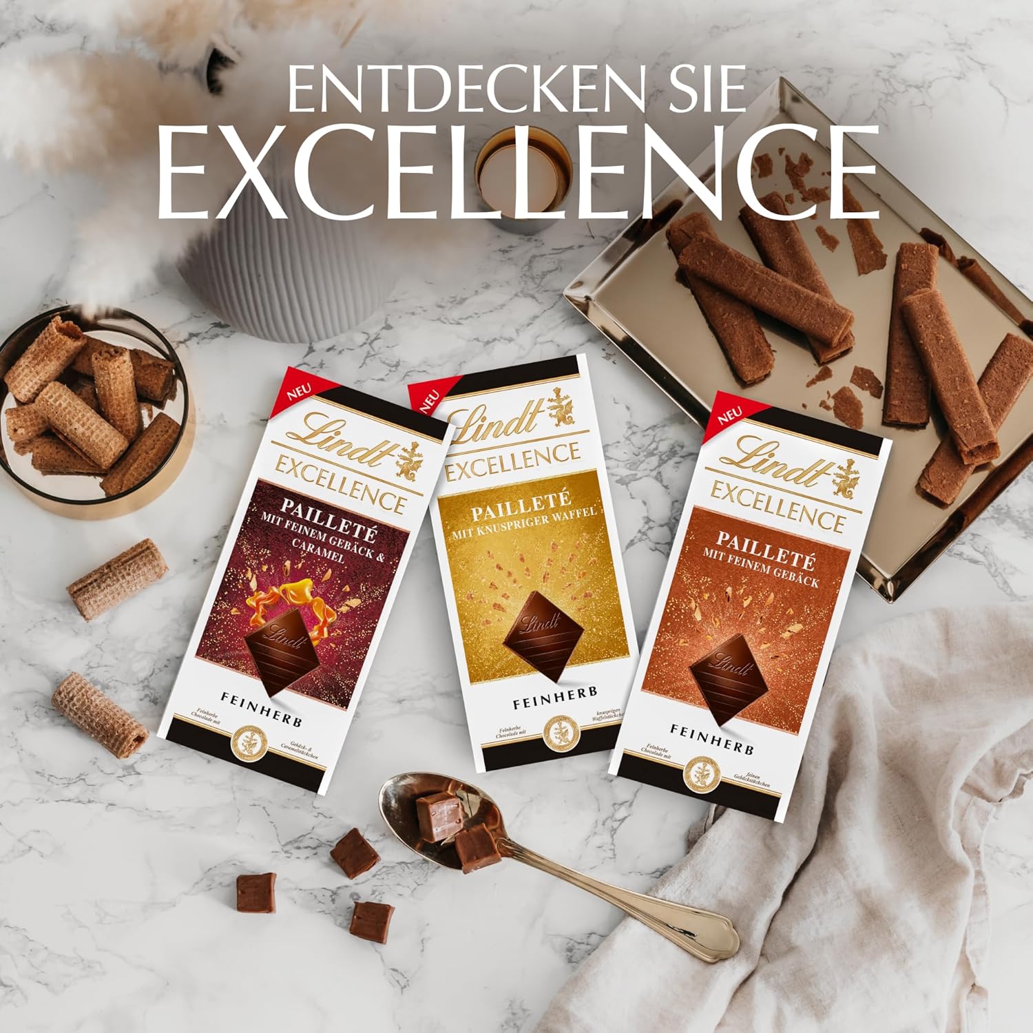 Lindt EXCELLENCE dejstykker med pailletter og karamel - fin mørk chokolade med intens kakaosmag