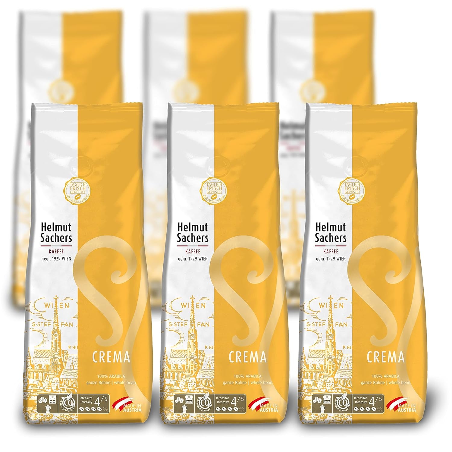 Cafea Helmut Sachers - Crema, Intensitate 4/5, 100% Arabica, boabe întregi de cafea, 6 x 500g