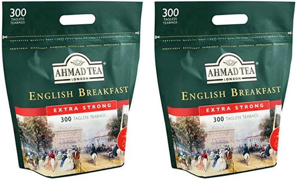 Ahmad Tea - English Breakfast - Ceai negru pentru micul dejun - Ceai Assam &amp; Ceylon - Pliculețe de ceai englezesc fără bandă, cu 2 g de ceai per porție - Pachet mare cu 300 de pliculețe de ceai (pachet cu 2)