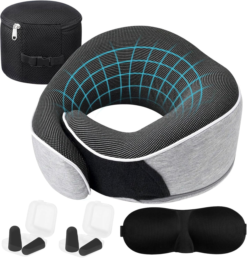 Pernă pentru gât, pernă de călătorie din spumă de memorie, pernă pentru gât din spumă de memorie, design ergonomic, cu mască pentru ochi, 2 dopuri de urechi și pungă de depozitare, perfectă pentru a dormi pe drum atunci când călătoriți Perne ortopedice cervicale Naty Shop Titlu implicit