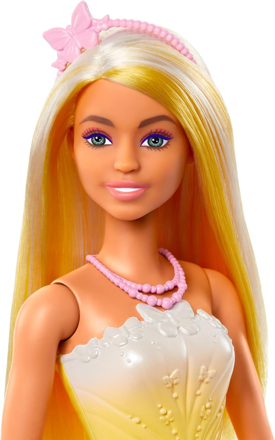 Royal Barbie Doll med smart hår med farverige tråde, farverigt tilbehør, gradient gul top og sommerfugle nederdel, HRR09 Naty Shop Dolls