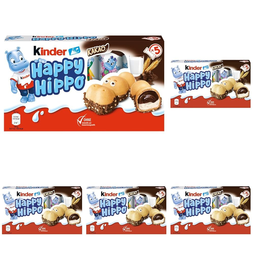 Kinder Happy Hippo Hasselnut - Specialitetssprøde vafler med mælk og hasselnøddecreme - Karneval og fastelavnsslik - 1 pakke indeholdende 5 individuelle stænger á 20,7 g hver