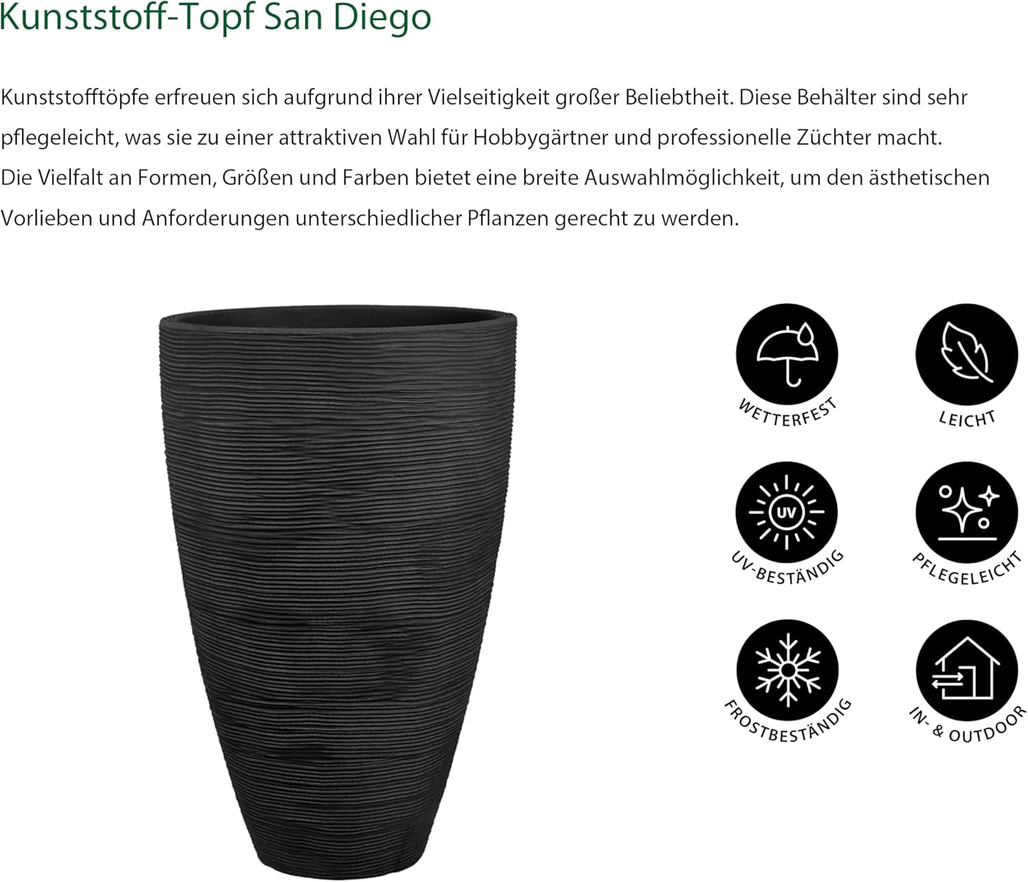 Jardinieră Dehner Vino | Ghiveci, recipient pentru plante | pentru plante în ghiveci | modern, rotund, stabil dimensional, robust | textură cu nervuri | interior, exterior | plastic | antracit | Ø 40 cm, înălțime 60 cm