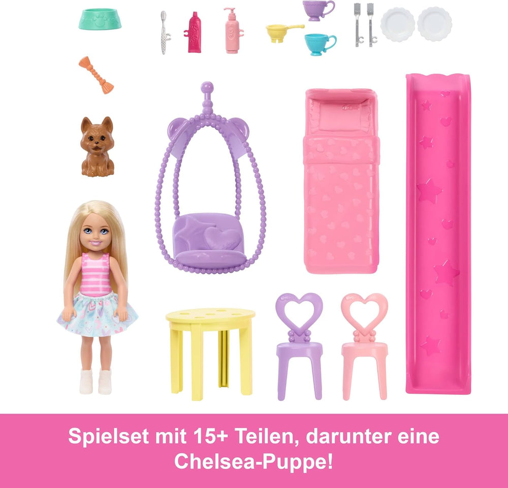 Casă de păpuși Barbie Chelsea cu peste 15 accesorii, căsuța pop-up se extinde la peste 42 x 33 cm cu 5 zone de joacă și un tobogan, cu o păpușă mică și un câine, JFW49