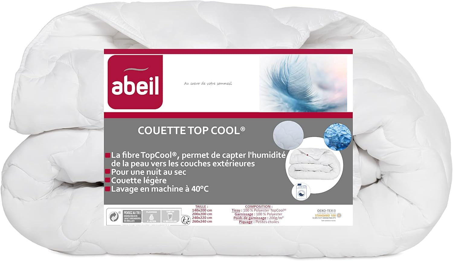 Abeil 1388 Topcool quilt, tynd, fugtregulator, hvid, 240 X 260 Cm Dyner og dyner Naty Shop 240X260