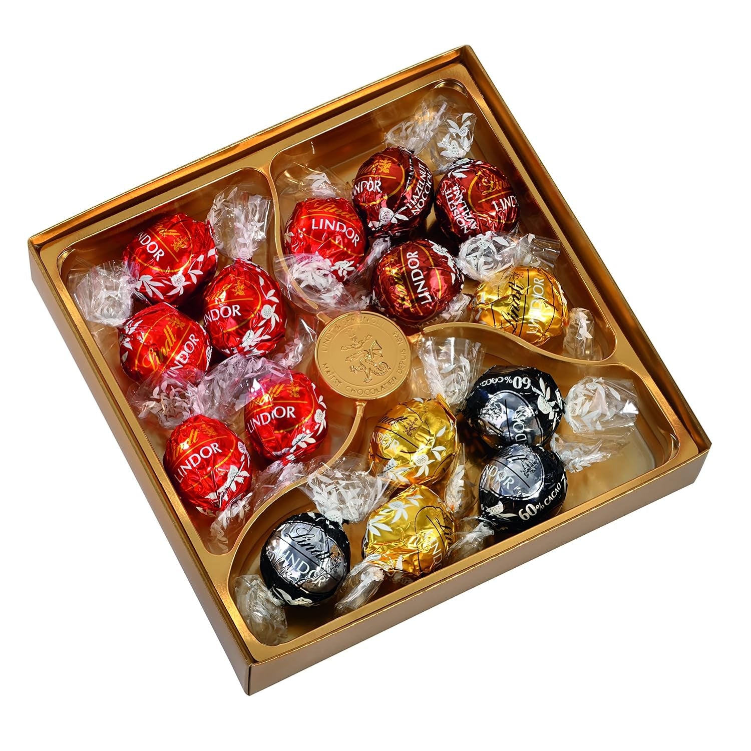 Lindt LINDOR gaveæske med diverse chokolader, ca. 15 LINDOR trøfler, 4 varianter (mælkechokolade, hvid chokolade, mørk chokolade 60% og hasselnød), 187 g