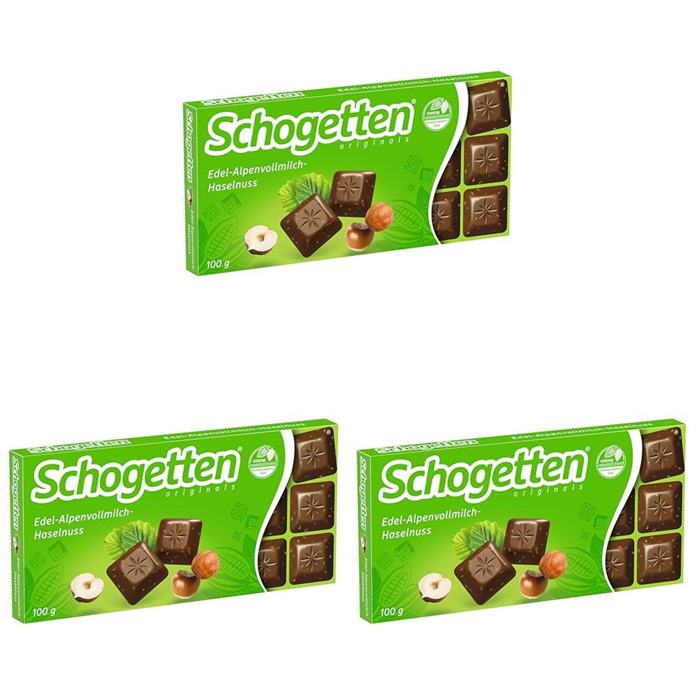 Schogetten Premium Alpine mælkechokolade med hasselnødder, 100 g chokoladebar, individuelt portioneret. En fryd. Stykke for stykke.