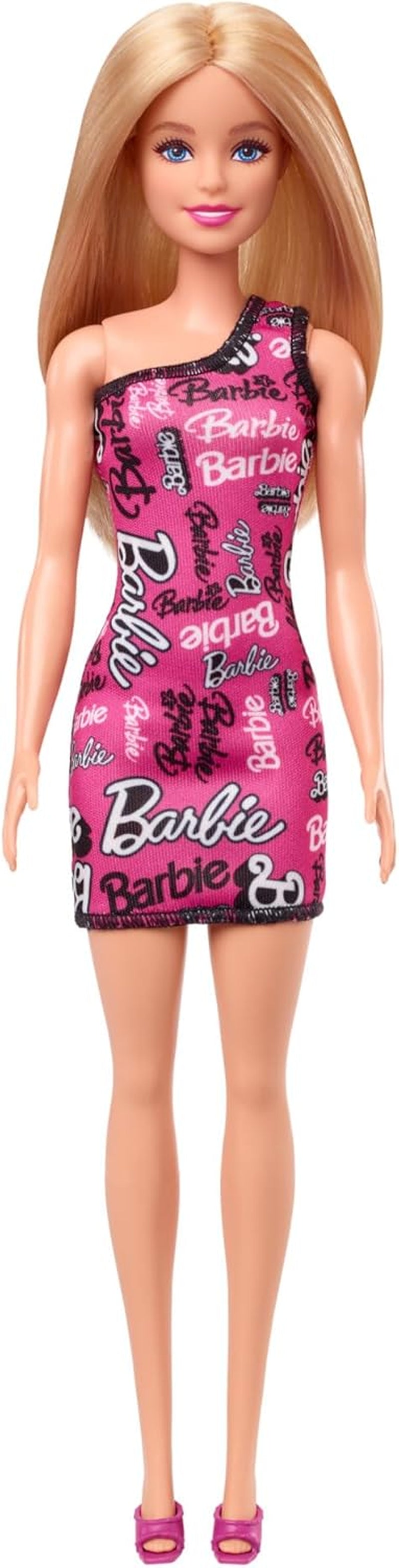Păpușă Barbie Fashion cu păr blond drept într-o rochie extensibilă roz cu un umăr și pantofi cu logo imprimat, HRH07 Papusi Naty Shop