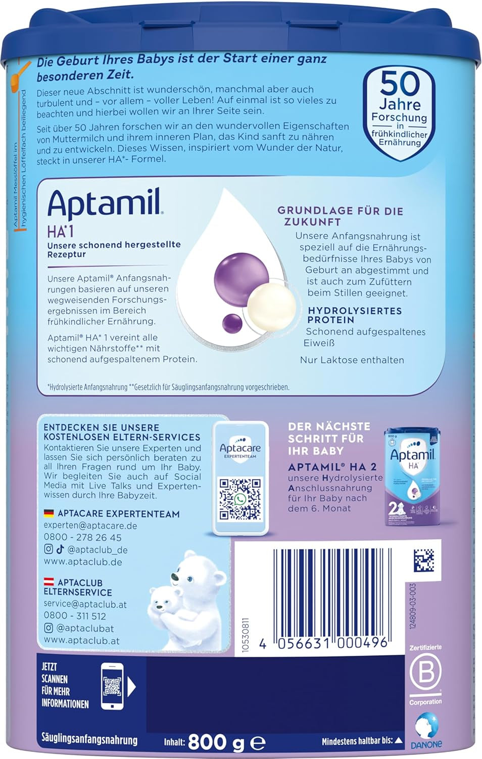 Aptamil HA 1 - Modermælkserstatning fra fødslen, med DHA, laktosefri, palmeoliefri, babymad, mælkepulver, 1 x 800 g