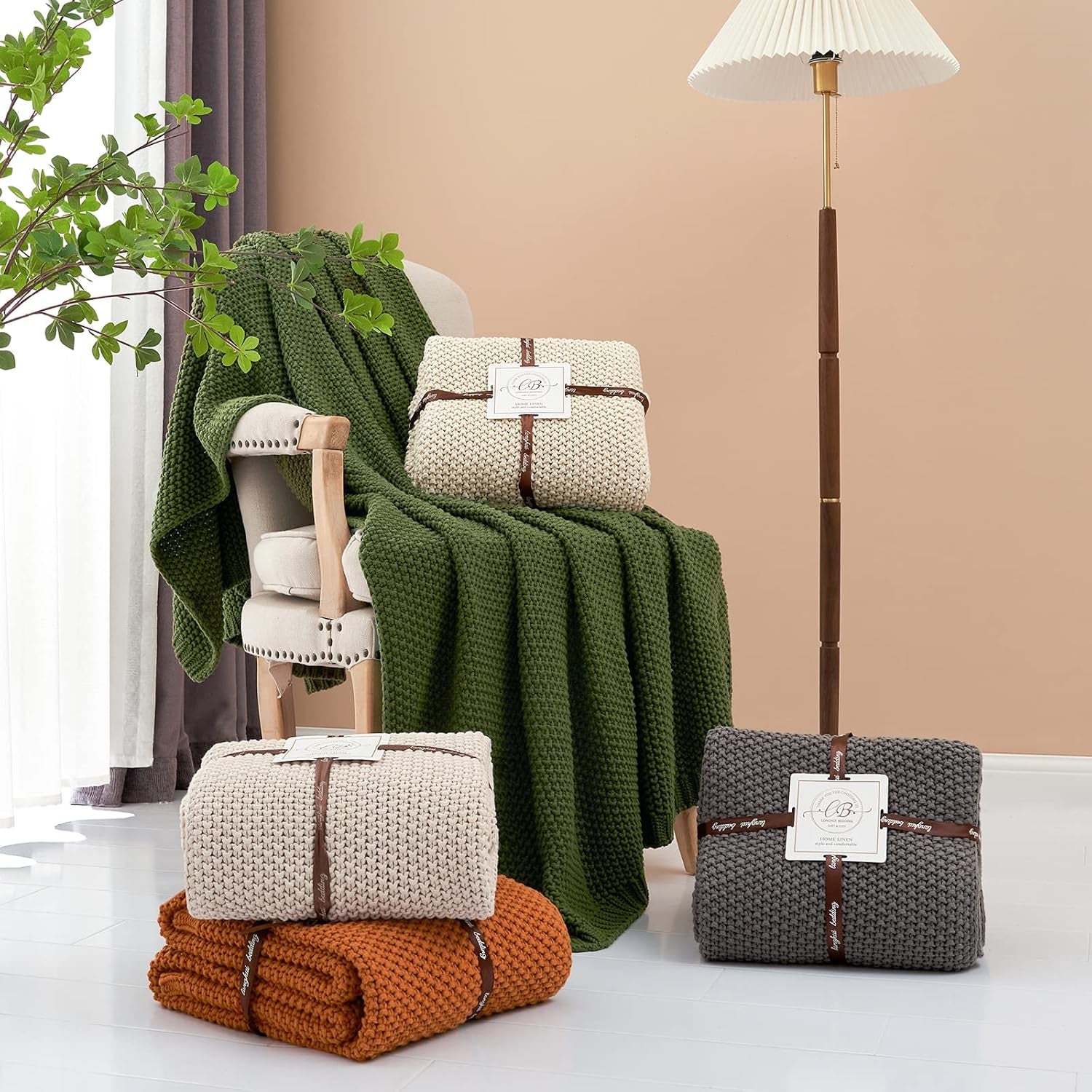 Chunky strik tæppe, Letvægts, Beige, 100% økologisk bomuld, Tæppe til sofa, sofa, seng, barn, børneværelse, Rustik, Shabby chic, Moderne bondehus, 152,4 X 203,2 cm, Inklusiv vaskepose Senge og tæpper Longhui sengetøj Grå 51"X63"