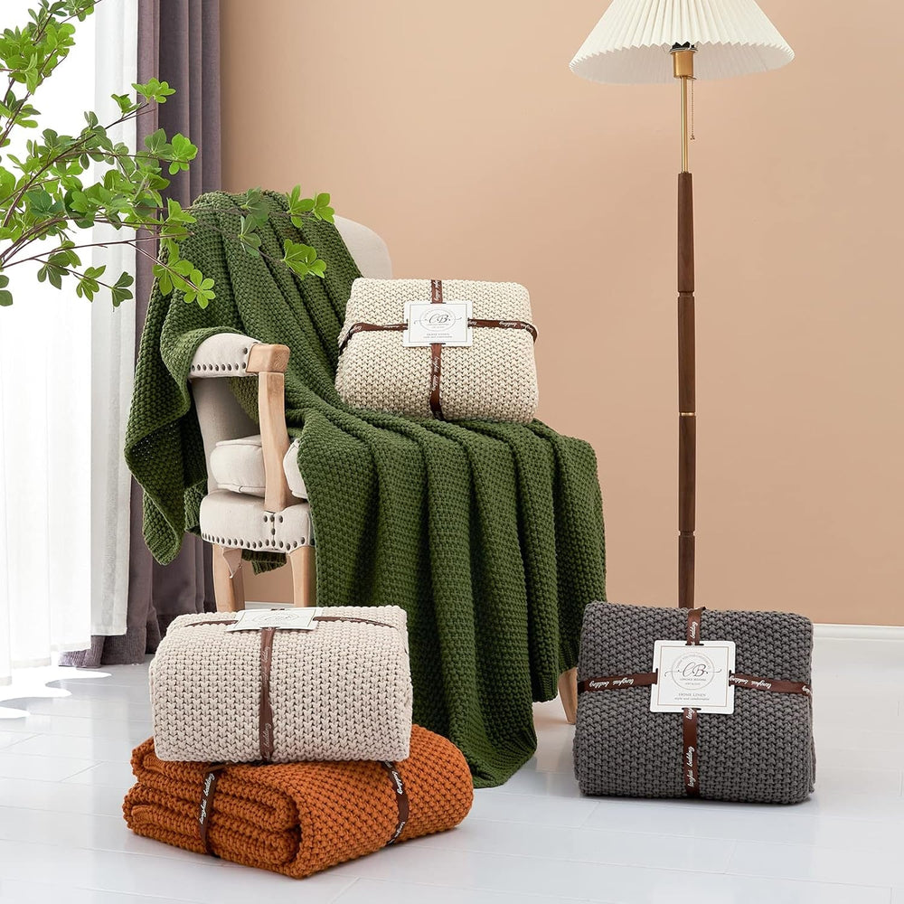 Chunky strik tæppe, Letvægts, Beige, 100% økologisk bomuld, Tæppe til sofa, sofa, seng, barn, børneværelse, Rustik, Shabby chic, Moderne bondehus, 152,4 X 203,2 cm, Inklusiv vaskepose Senge og tæpper Longhui sengetøj Grå 51"X63"