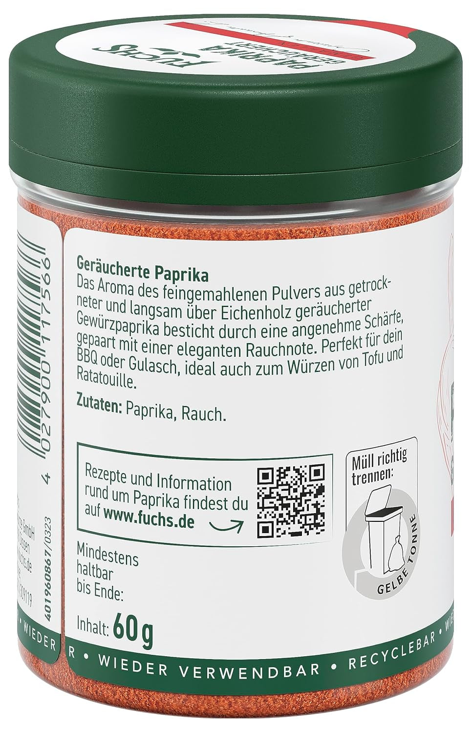 Fuchs Gewürze - Paprika geräuchert gemahlen - rauchiger Gesmack für BBQ, Gulasch eller Tofu - naturlige ingredienser - 60 g i wiederverwendbarer, genbrugsbarer Dosis
