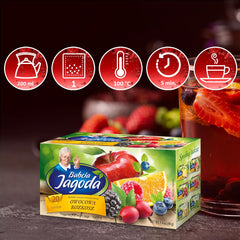 Babcia Jagoda - Ceai de fructe „Fruchtige Verführung” - 20 pliculețe de ceai - Cu hibiscus, măr, aronia, mure, măceșe, coajă de portocală - Aromă intensă de fructe, fără cofeină, vegan, natural, Cay - 40G