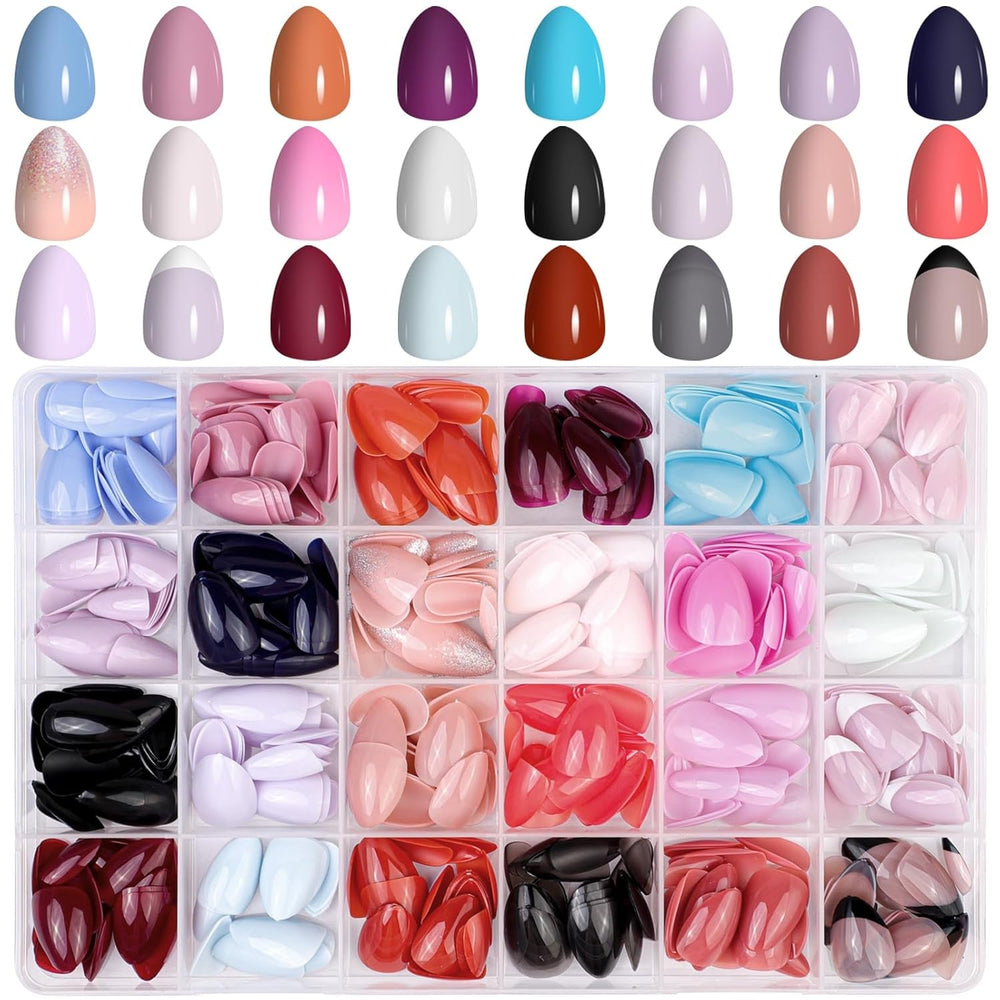 576 buc unghii migdale pentru lipire pe unghii scurte, colorate cu sclipici, set de unghii artificiale lucioase, unghii false cu pilă de unghii, unghii ovale, unghii artificiale pentru femei