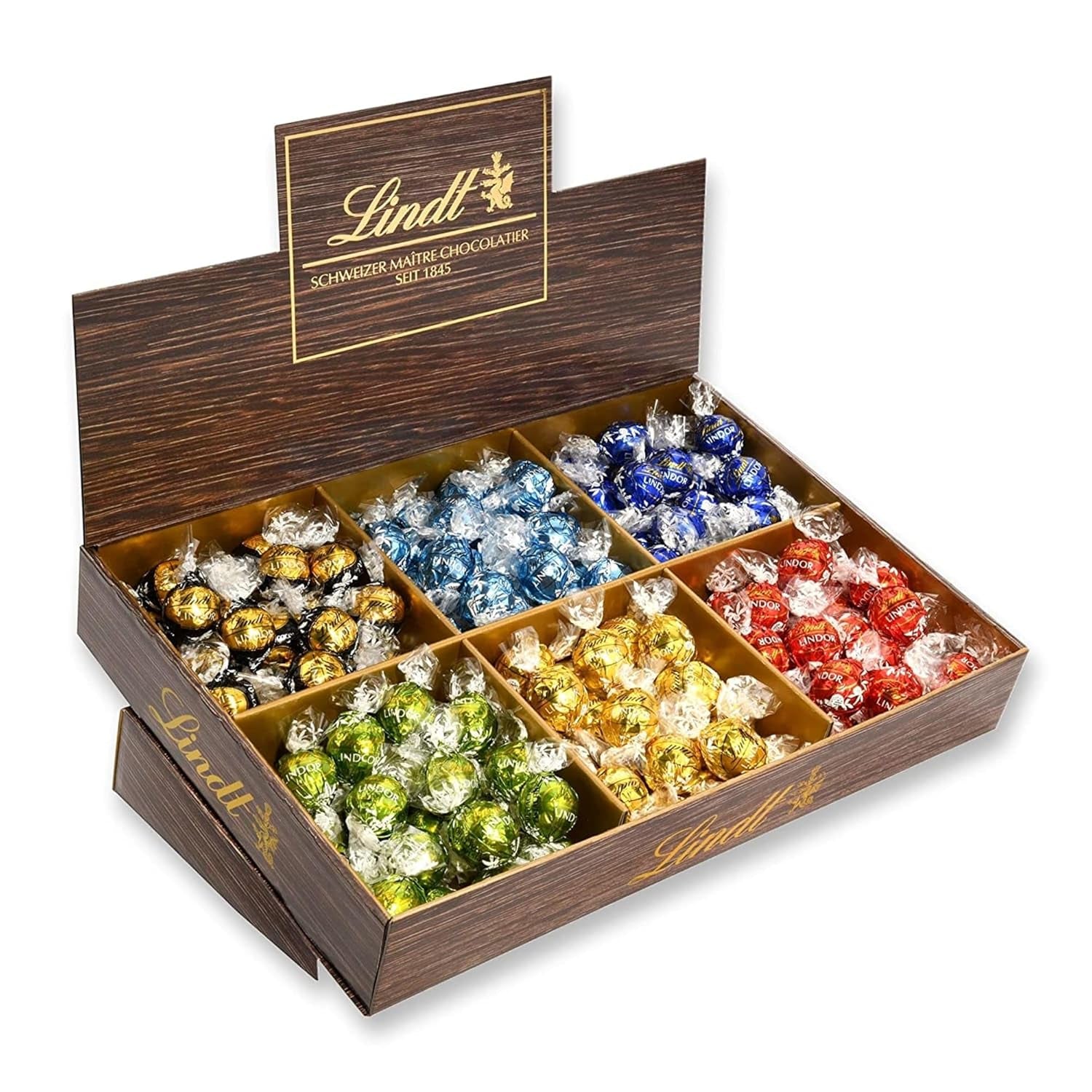 Lindt Chokolade LINDOR, Skranke | 1718 g | Ca. 138 trøfler i varianterne Mælk, Sort 70%, Halvbrun, Stracciatella, Hvid, Pistacie | Chokolade gavesæt | Gavechokolade | Bulk pakke
