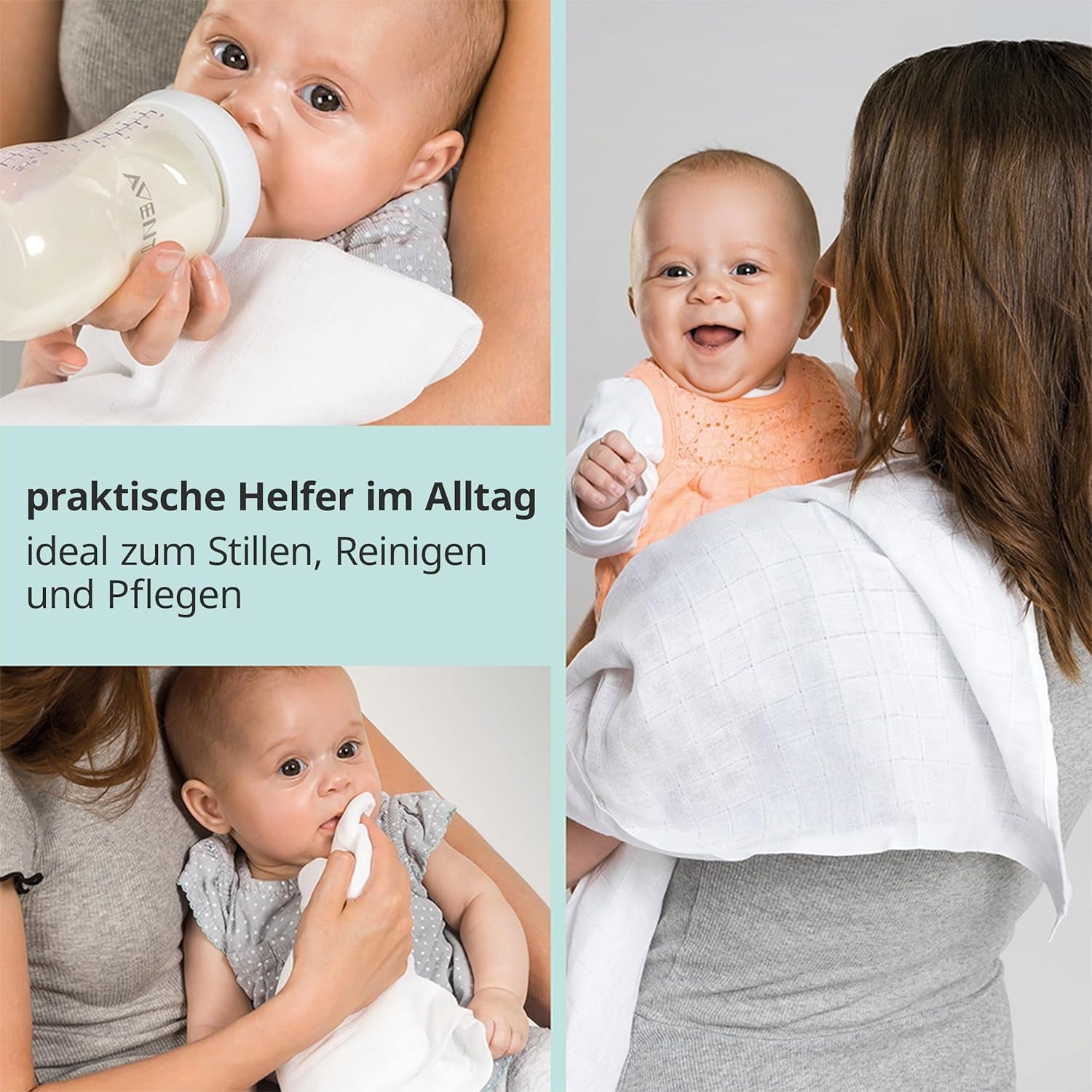 MAKIAN Muslin Squares, Pakke med 10, 80x80 cm, Oeko-TEX® Standard 100 Certified, 10 Premium Burp Cloths - Dobbeltvævede Stof Firkanter / Muslin Squares, Kog resistent - Hvid