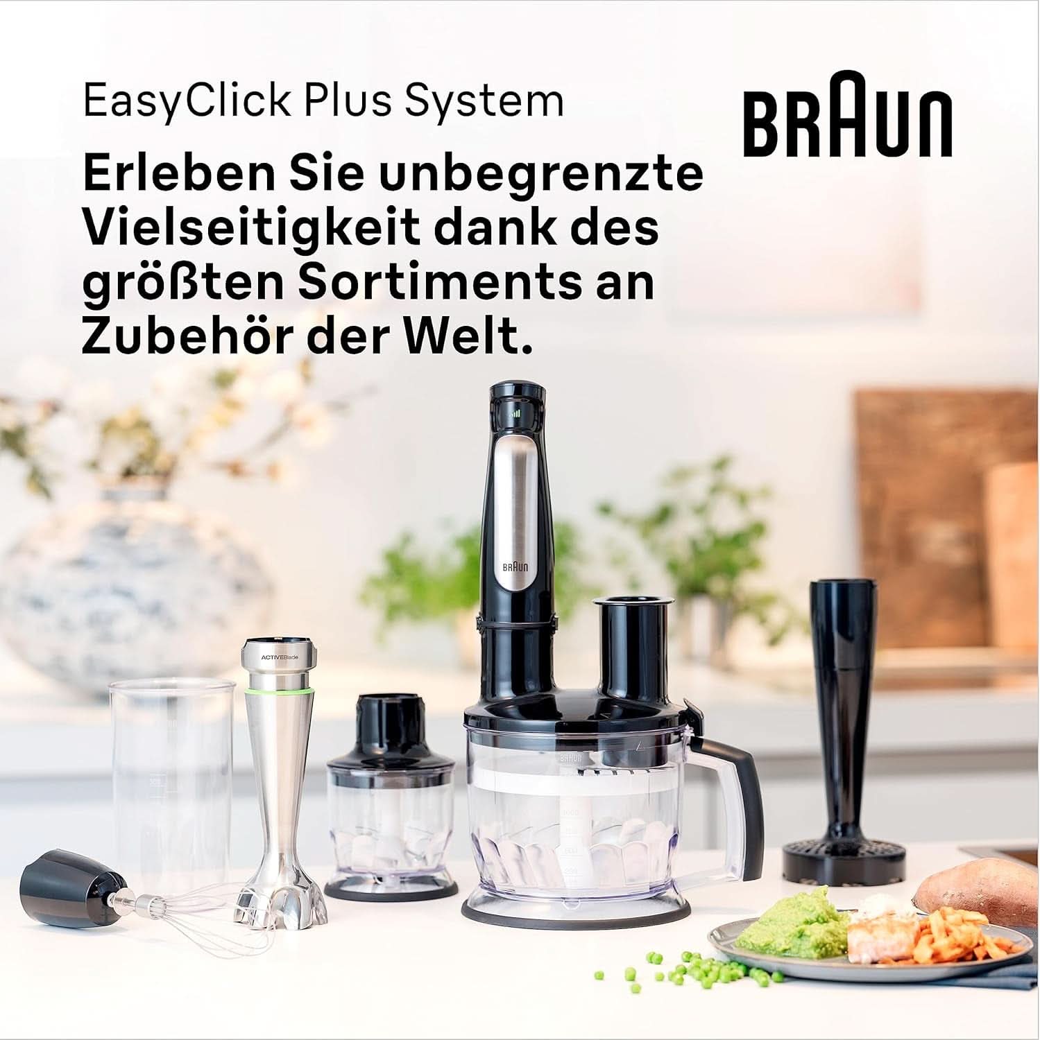 Braun Multiquick 7 MQ 7035X Stabmixer - Pürierstab Mit Abnehmbarem Edelstahl Mixfuß Mit Activeblade Technologie Zum Pürieren Der Härtesten Ingredient, Inkl. 3-Teiliges Zubehör Sæt, 1000 Watt, Schwarz Kitchen Naty Shop