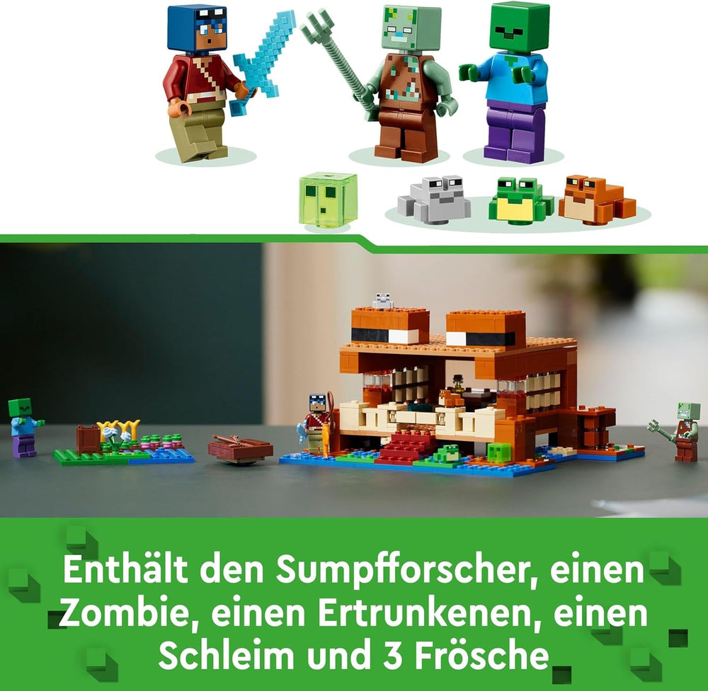 LEGO Minecraft Frøhuset, legetøjshus med figurer inklusive zombie, slim og druknende mand, plus tilbehør som legetøjsbåd og arbejdsbord, gave til drenge og piger fra 8 år 21256 Byggesæt Besuche den LEGO-Store