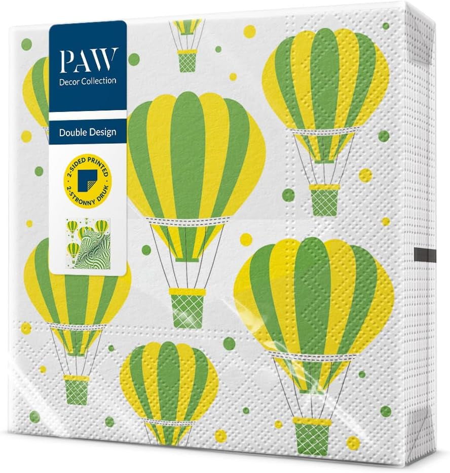 PAW - Șervețele față-verso 3 straturi (33 X 33 cm) I 20 bucăți I Perfect pentru zile de naștere, petreceri, nunți, comuniuni, sărbători I Decorațiuni de masă imprimate pe ambele părți - Flori boho păsări I Baloane dungate