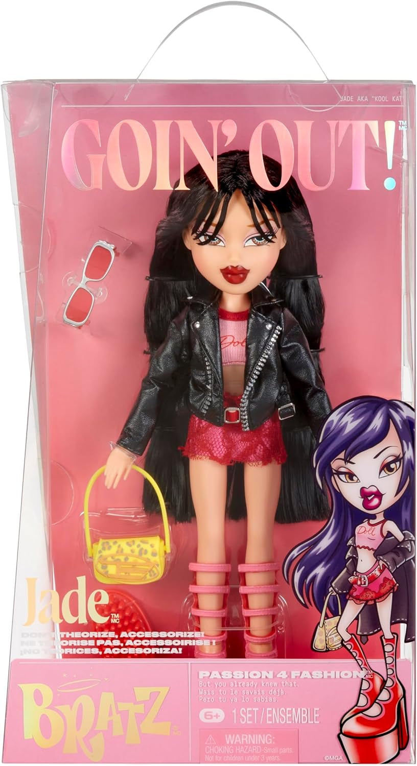 Păpușă Bratz Goin' Out! - Jade - 1 Păpușă de colecție cu accesorii, ținută, geantă, ochelari de soare și perie - Jucărie pentru copii - Vârste 6+, Roșu